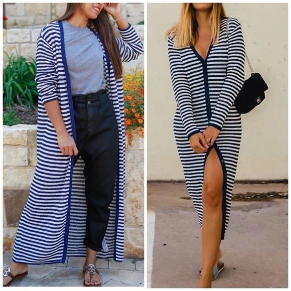 Zara Striped Knit Long Cardigan Sweater Dress Navy/White blogger’s favorite - Picture 1 of 7